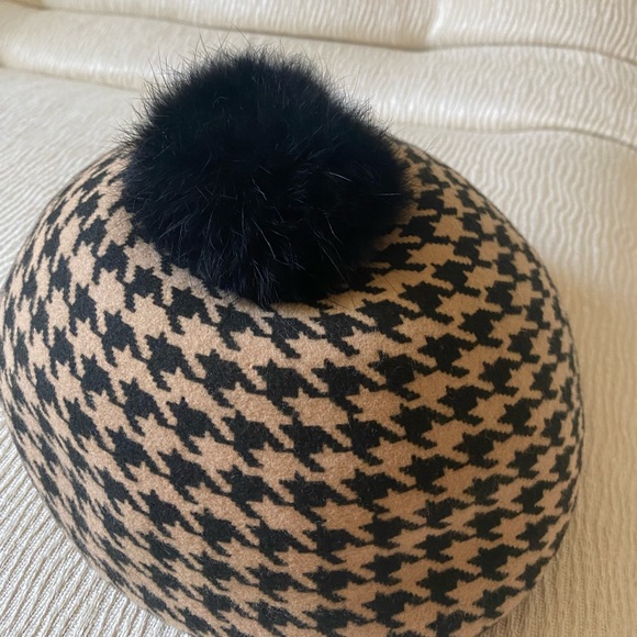 Made in Japan- Le Chapeau 100% wool houndstooth Baret hat with rabbit fur top - Picture 2 of 10